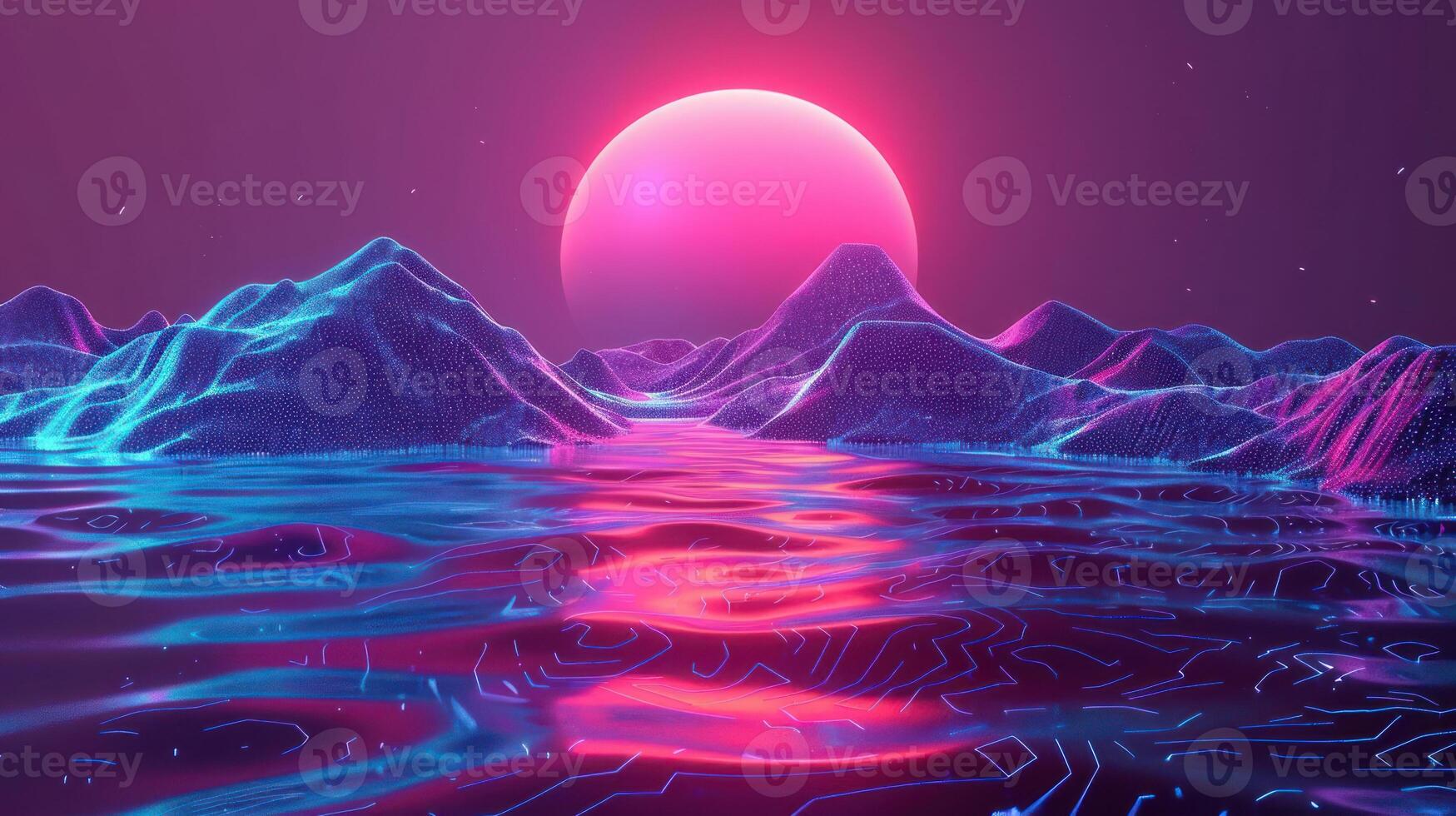 Futuristic landscape with glowing mountains and a vibrant sunset reflecting on water photo