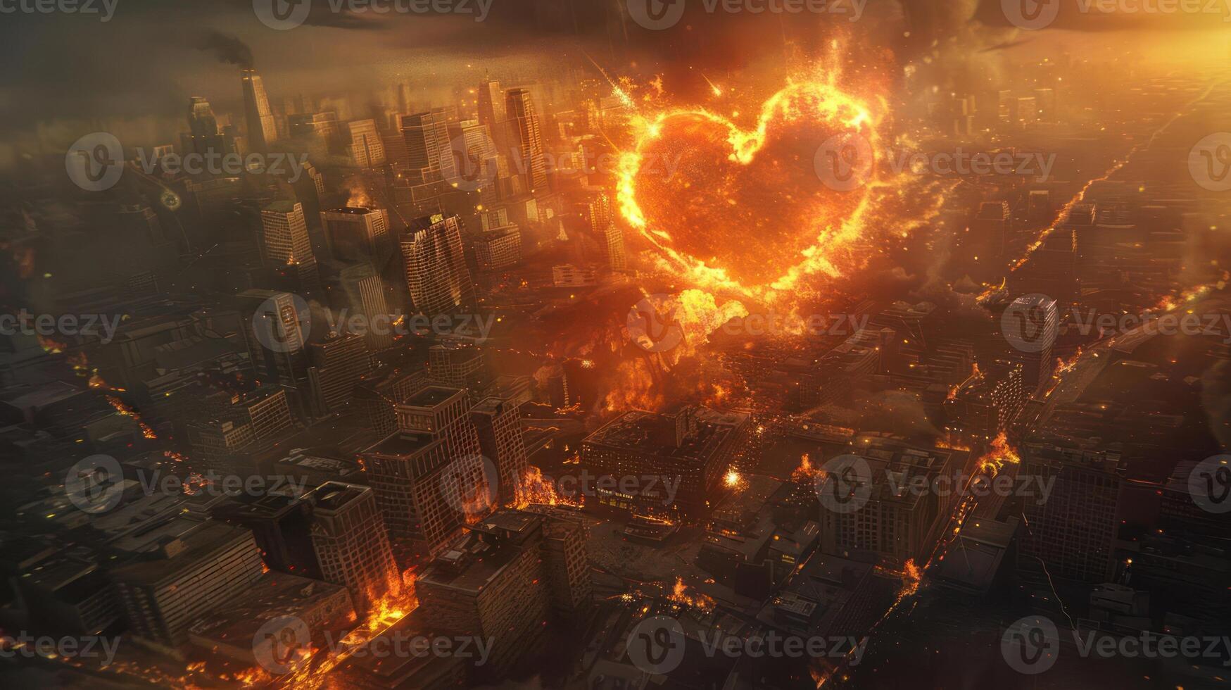 A fiery heart-shaped explosion illuminates a city skyline engulfed in flames at dusk photo
