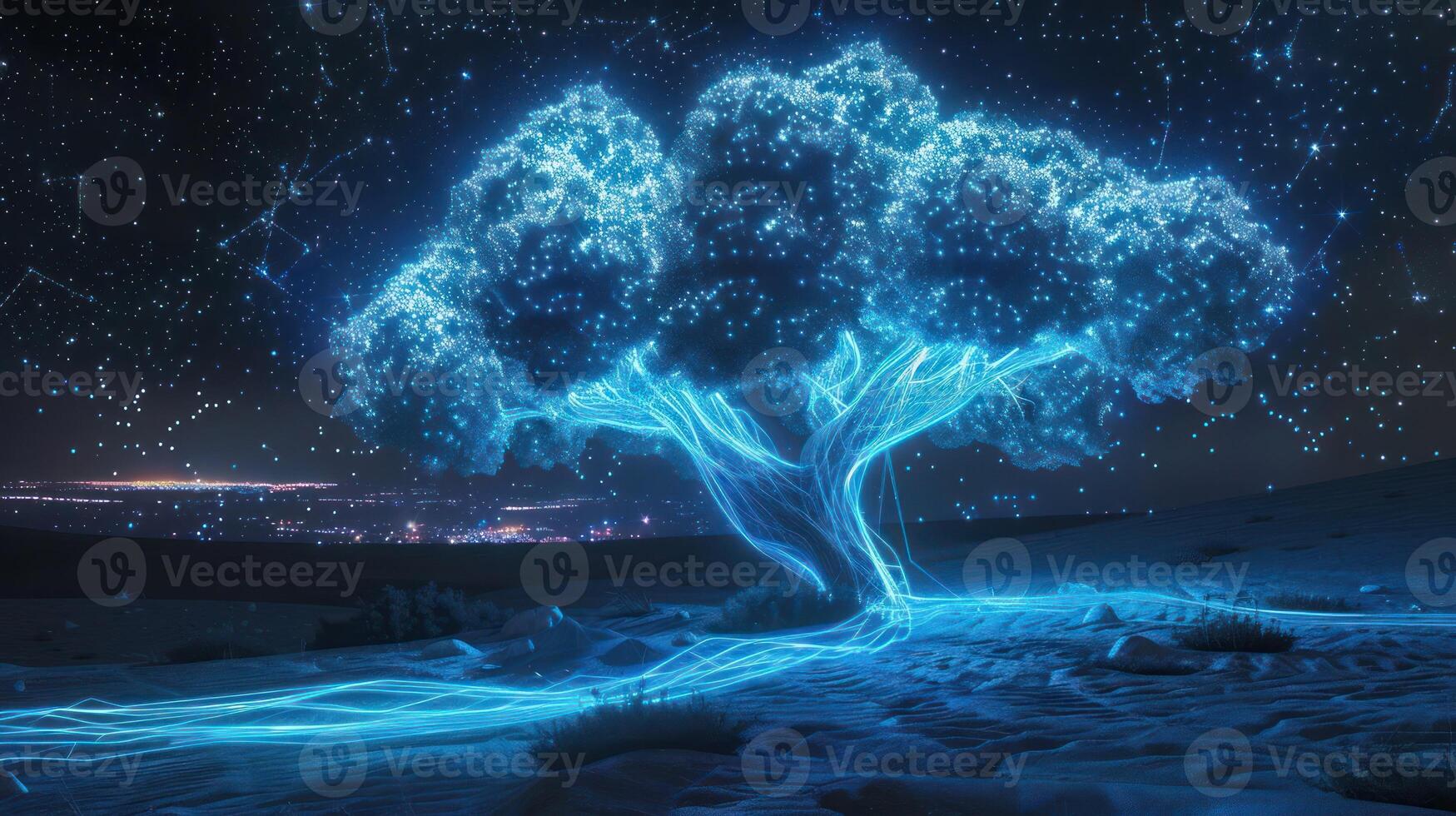Glowing tree under a starry night sky, illuminating the desert landscape with a mystical aura photo