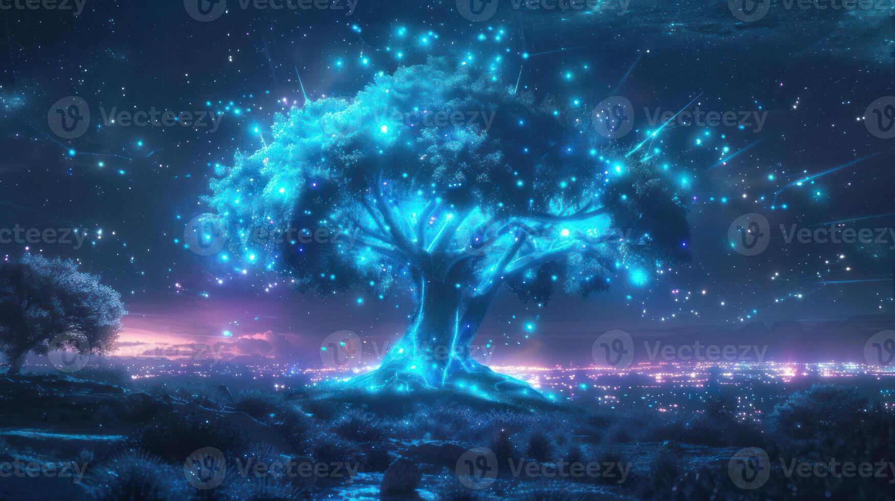 Enchanted luminous tree under a starry sky, illuminating the landscape with magical lights photo