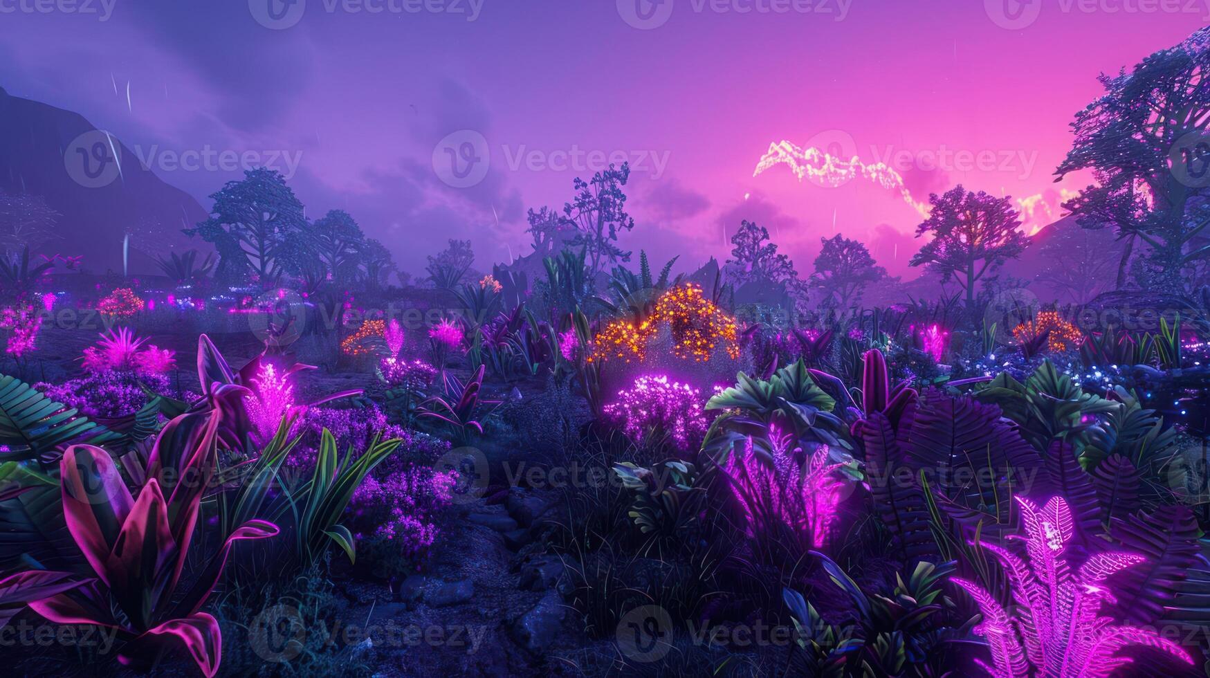 Vibrant alien landscape at twilight with colorful flora and distant mountains under a purple sky photo