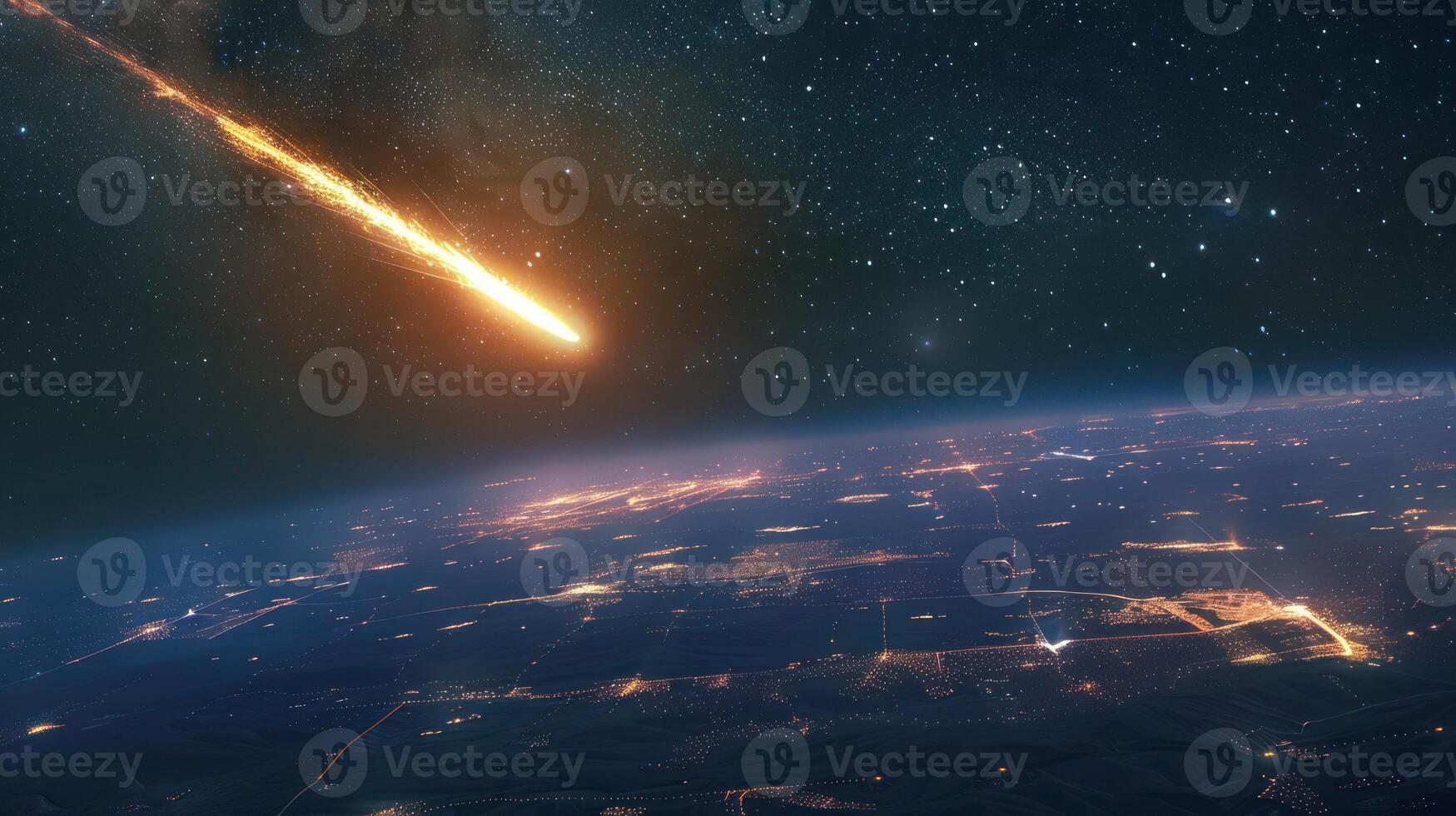 A vibrant meteor streaks across the night sky above a glowing, illuminated cityscape on Earth photo