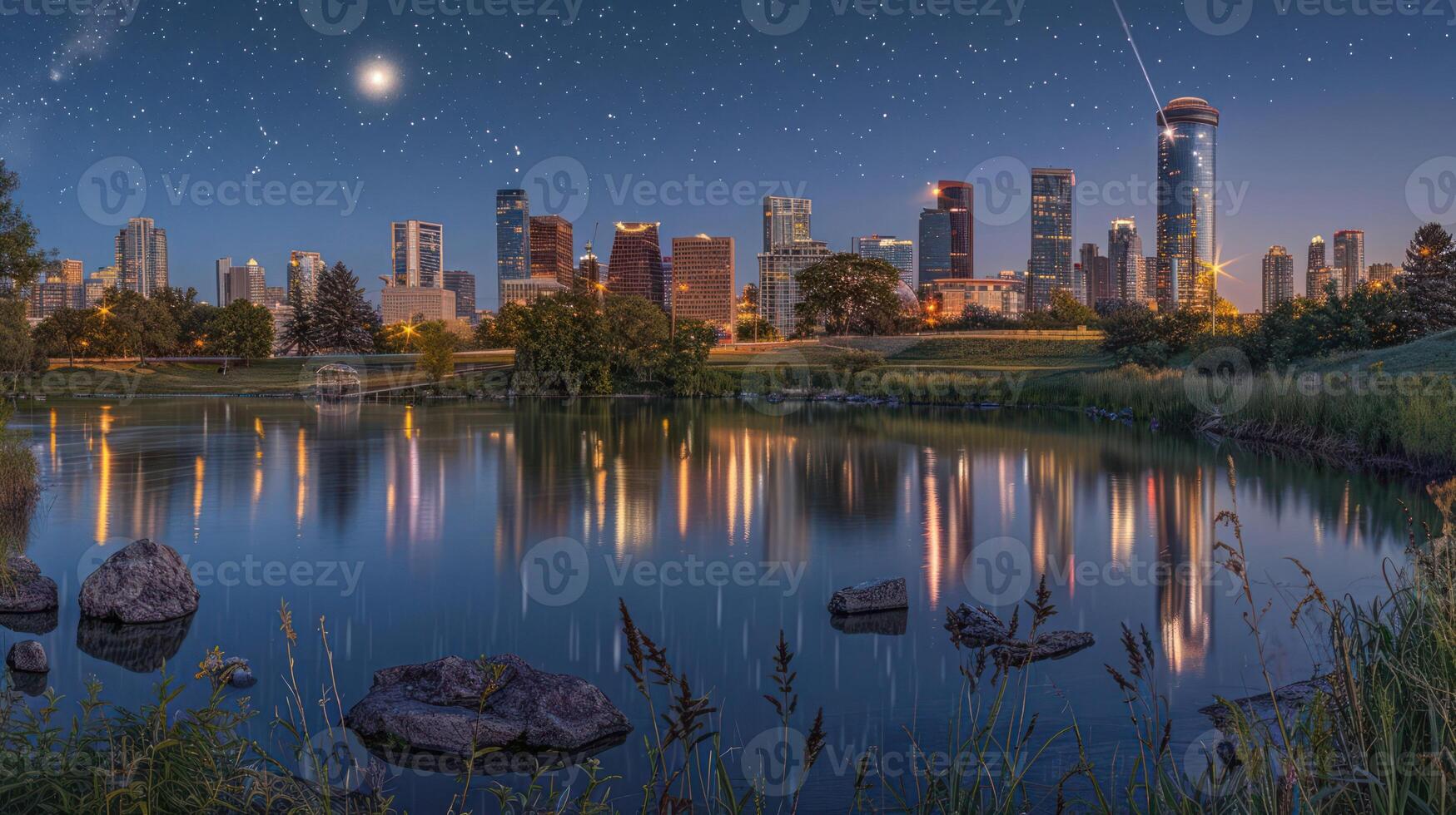 Nighttime cityscape reflecting in a serene lake, with stars twinkling above and greenery photo