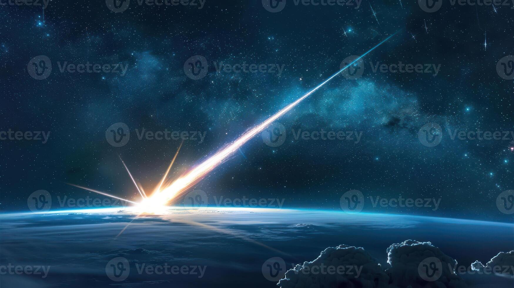 A vibrant meteor streaks through the night sky, illuminating the Earth below with brilliance photo