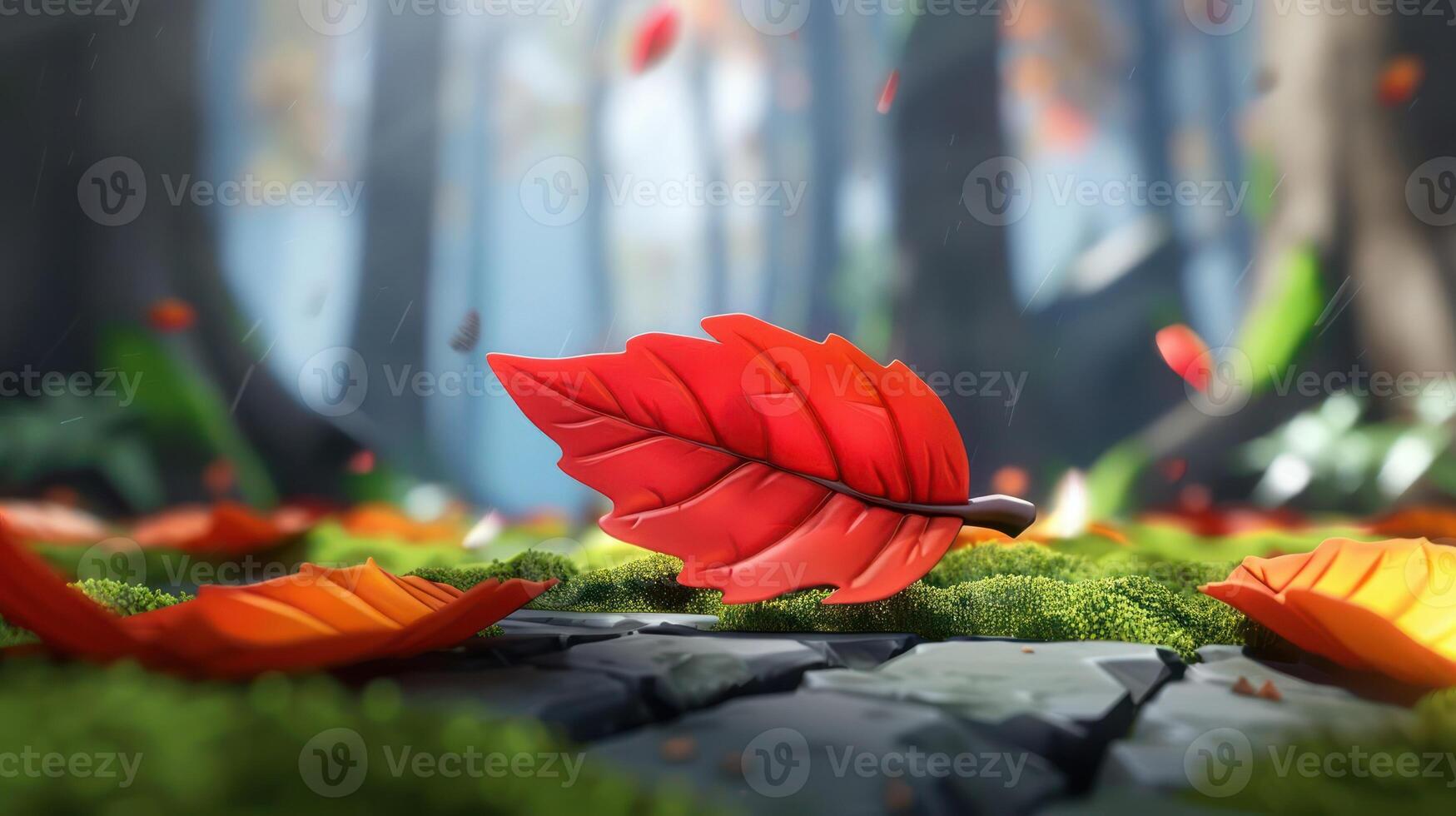 Vibrant red leaf resting on mossy ground amidst a serene forest with blurred autumn background photo
