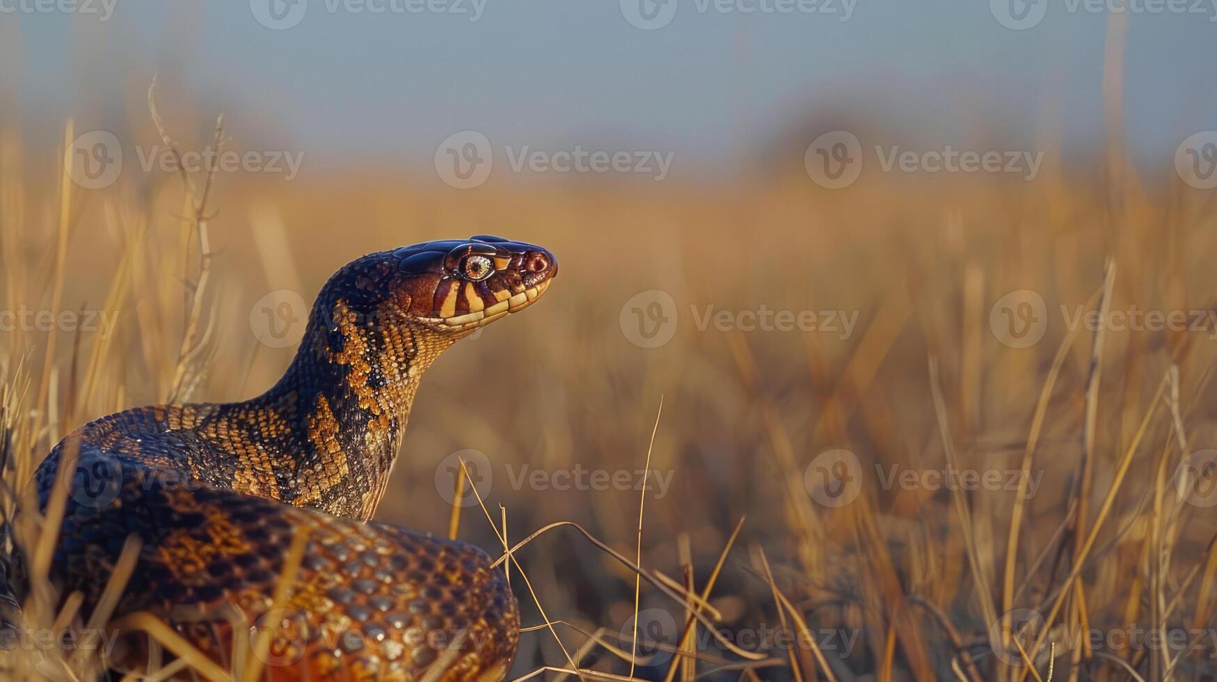 A close-up of a snake in a grassy landscape, basking under the warm sunlight during sunset photo