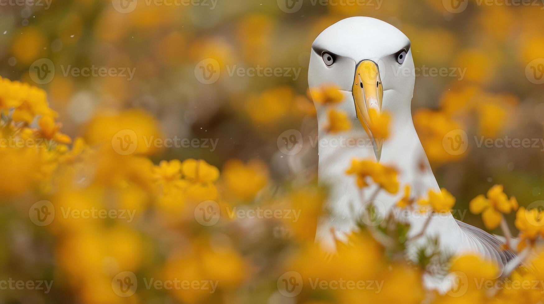 Majestic seabird surrounded by vibrant yellow flowers in a natural coastal habitat photo