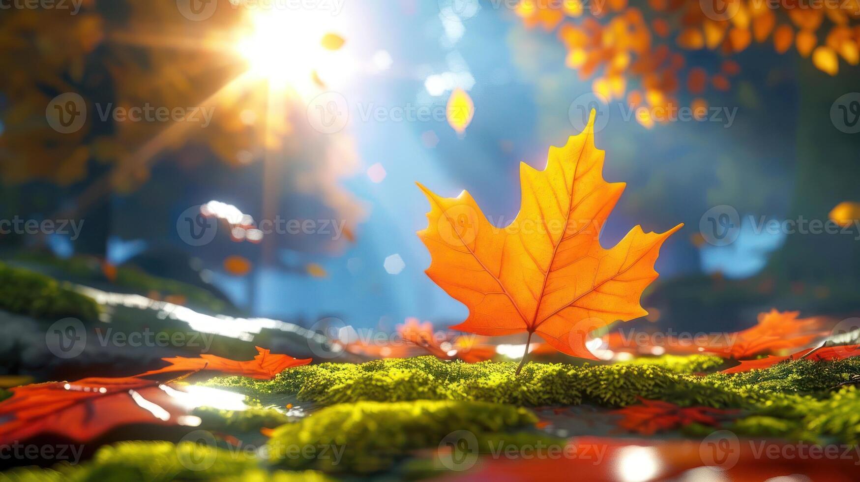 Vibrant orange maple leaf resting on mossy ground in a sunlit autumn forest scene photo