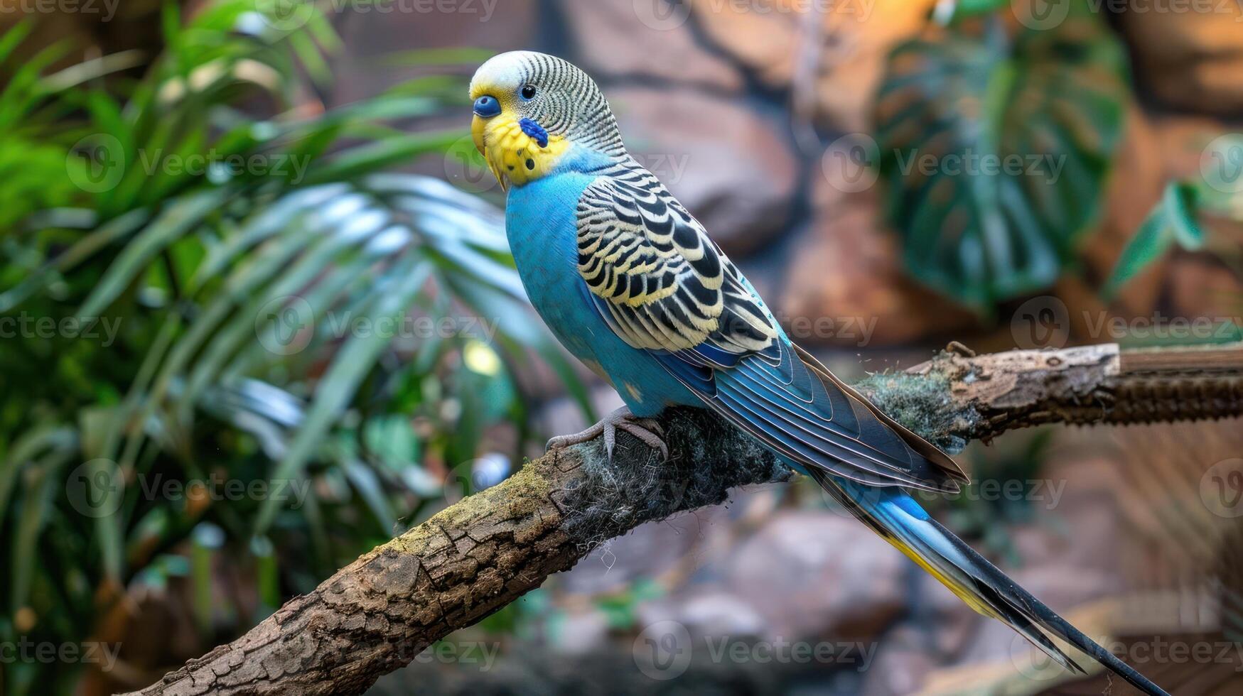 Colorful budgerigar perched on a branch amidst lush greenery in a vibrant indoor habitat photo