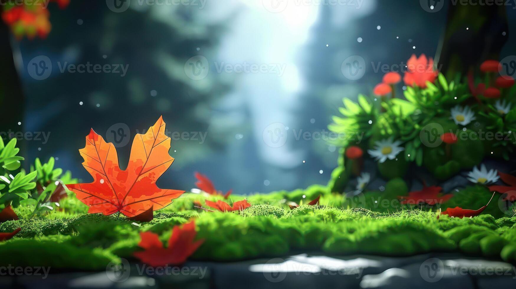 Vibrant autumn leaves scattered on lush green moss with soft sunlight filtering through trees photo