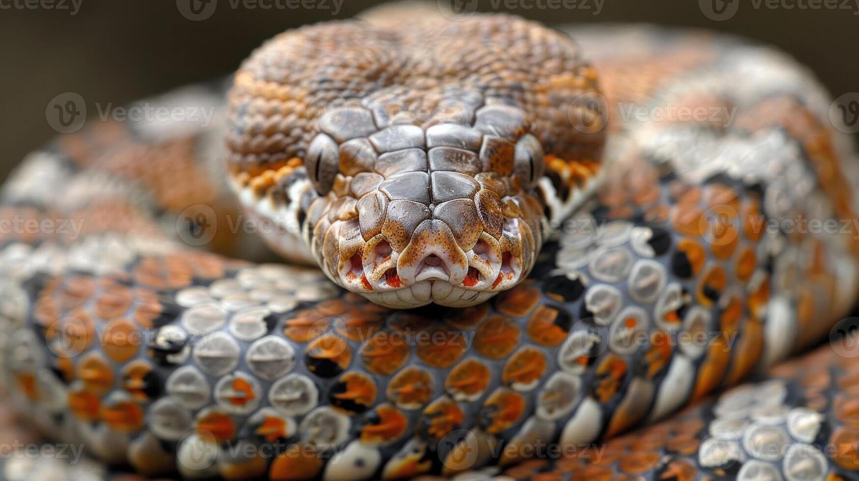 Close-up of a vibrant snake coiled on a natural surface, showcasing its intricate patterns and colors photo