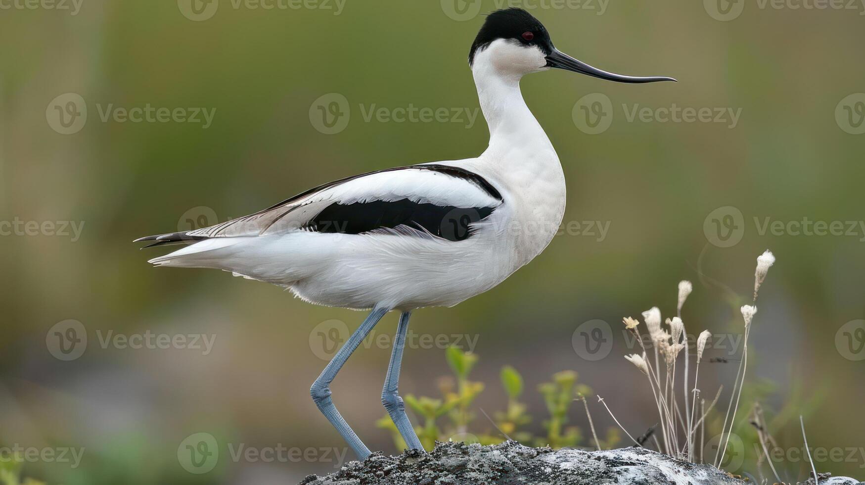 Elegant bird standing on a rocky surface amidst green vegetation in a serene natural setting photo