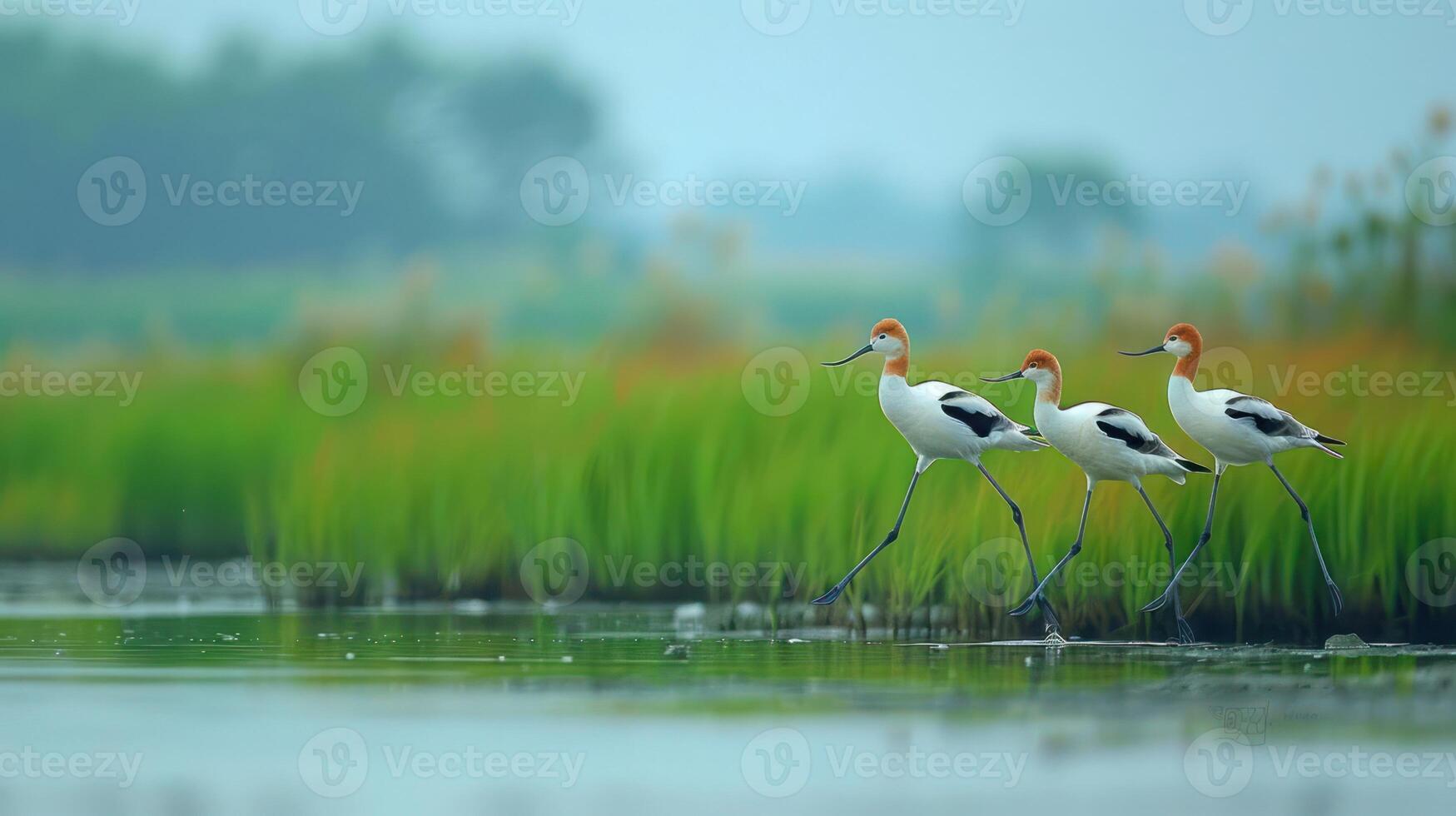 Three elegant birds walking along a serene wetland, surrounded by lush green grass and soft mist photo