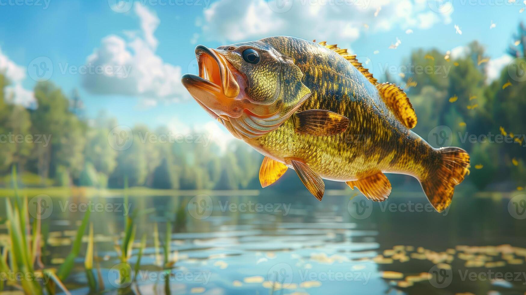 A vibrant bass fish leaps from a serene lake, surrounded by lush greenery and a clear sky photo