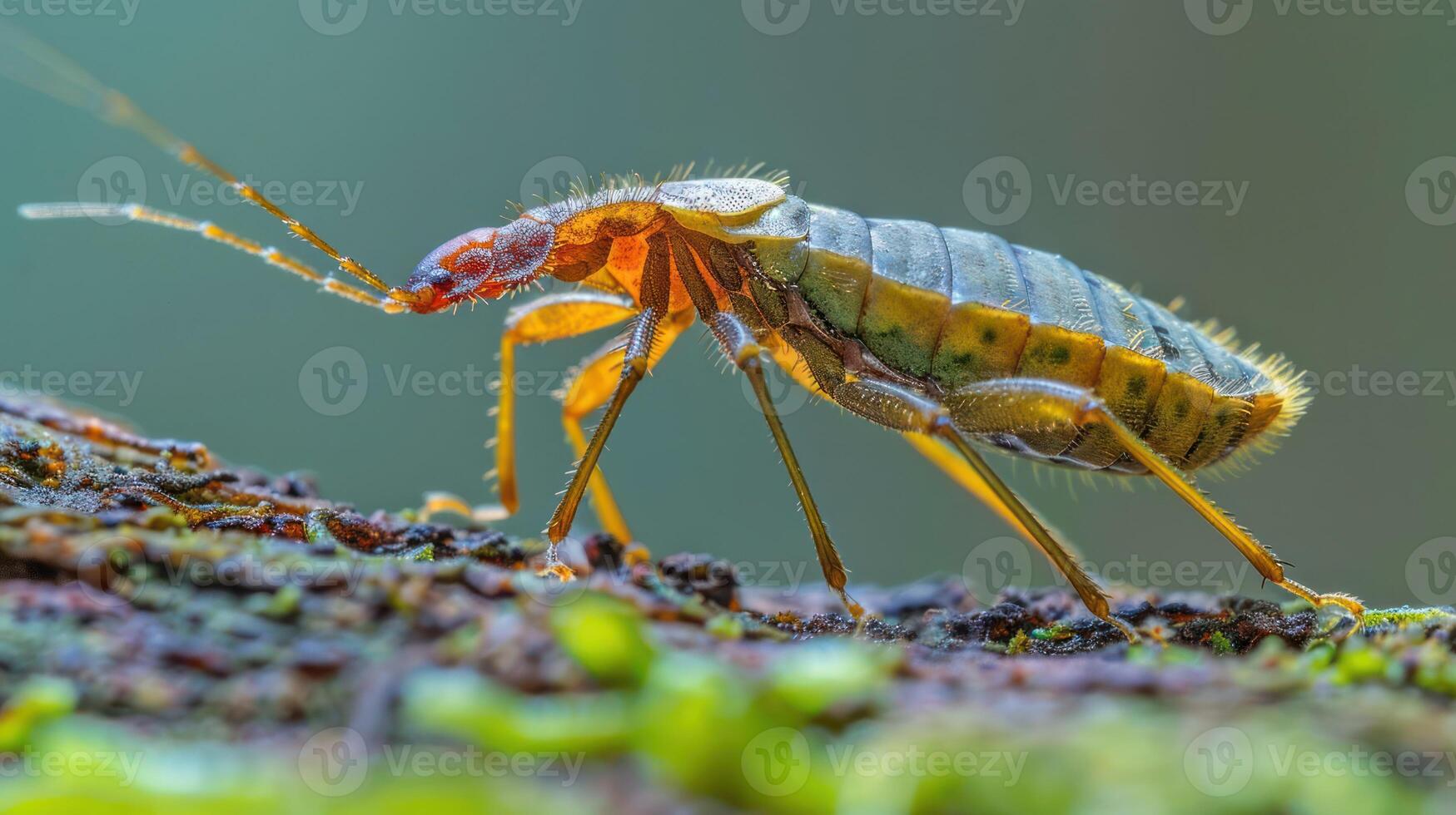 Close-up of a vibrant insect crawling on a mossy surface in a lush green environment photo