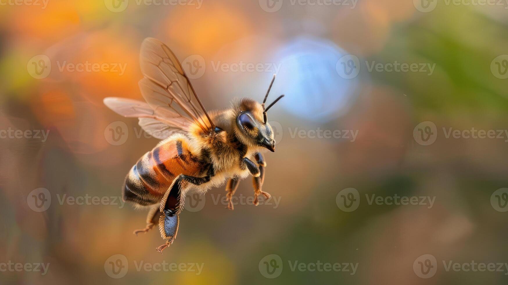 Close-up of a bee in mid-flight against a blurred, colorful natural background photo