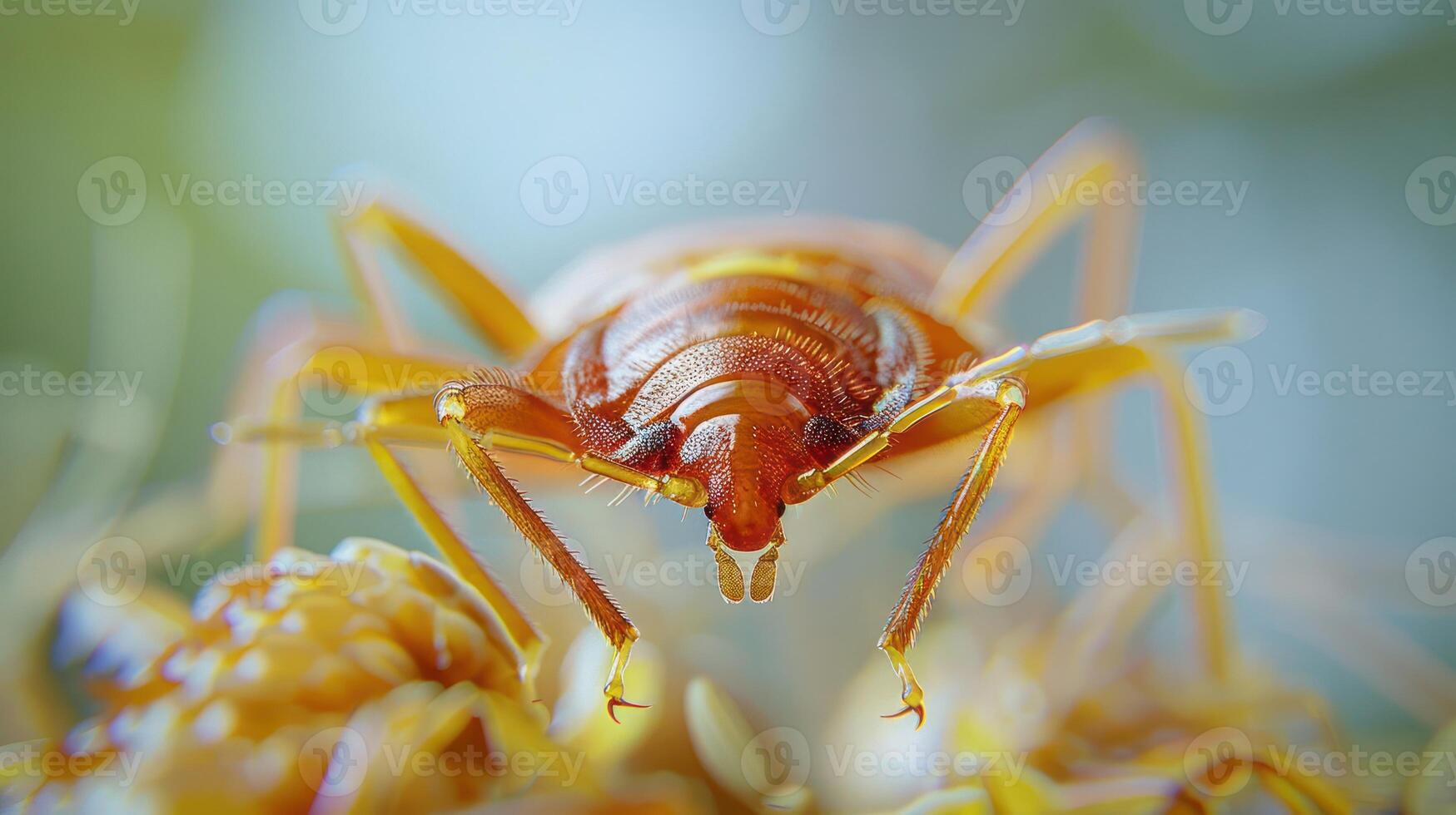 Close-up of a vibrant insect perched on a flower, surrounded by blurred natural greenery photo