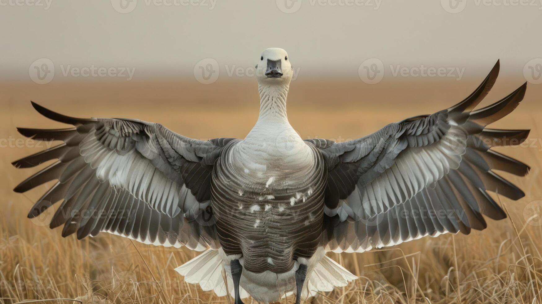 Majestic bird with outstretched wings stands proudly in a golden grassland under a soft sky photo