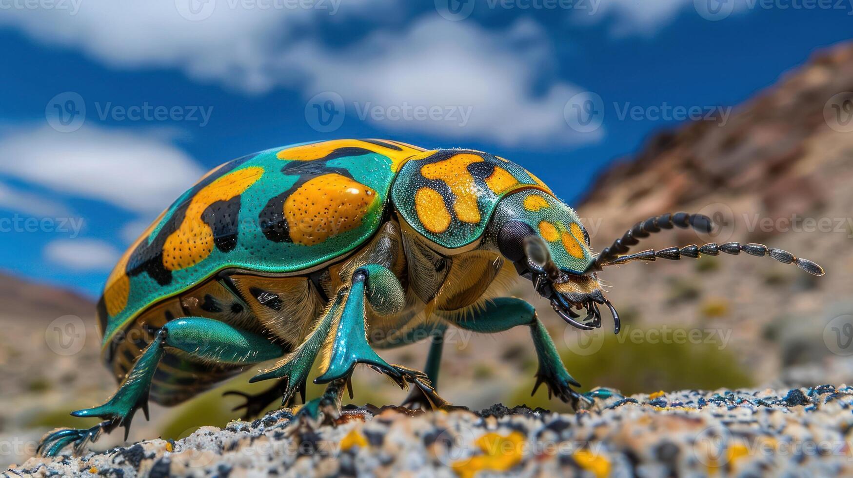 Colorful beetle crawling on sandy terrain under a bright blue sky with scattered clouds photo