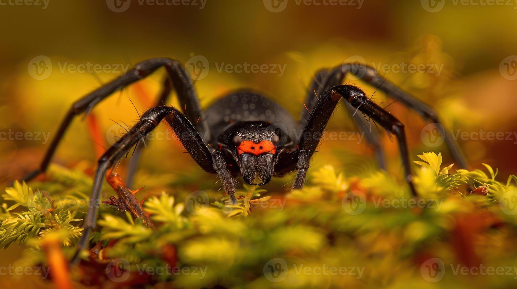 Close-up of a black spider with red markings on mossy ground in a vibrant forest setting photo