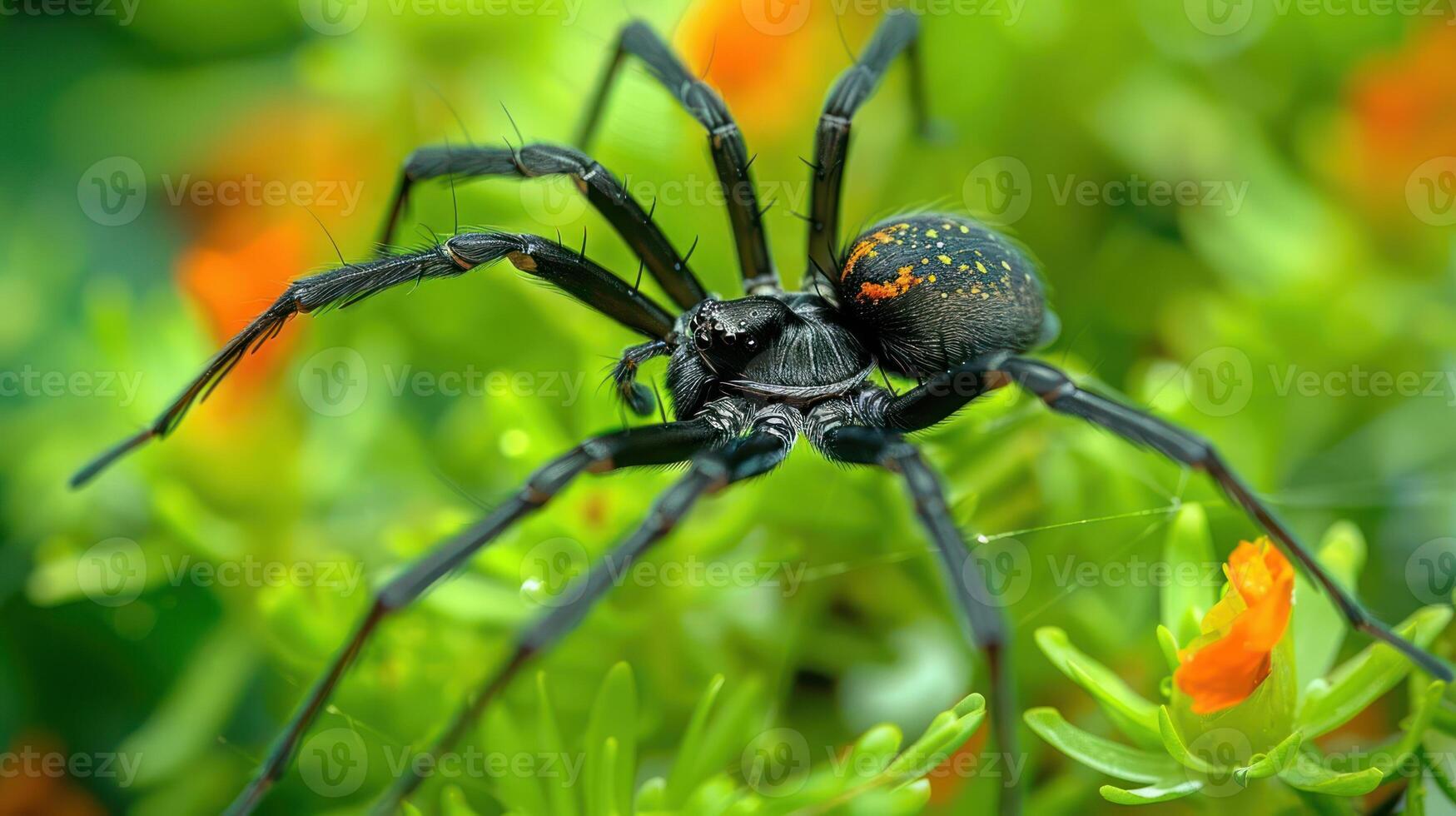 Close-up of a black spider with orange markings on vibrant green foliage with flowers photo
