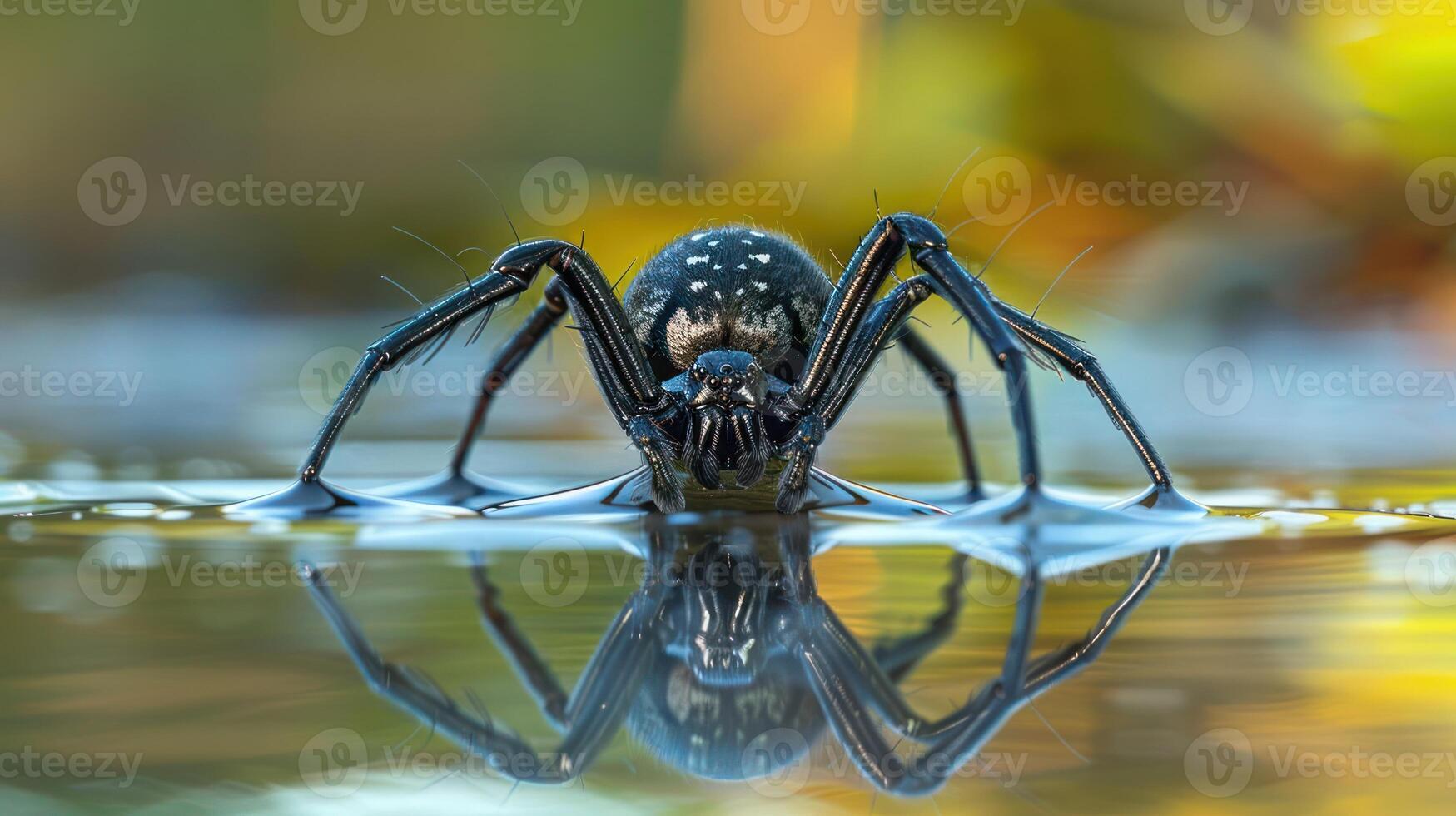 Close-up of a spider walking on water with a blurred natural background, showcasing its reflection photo