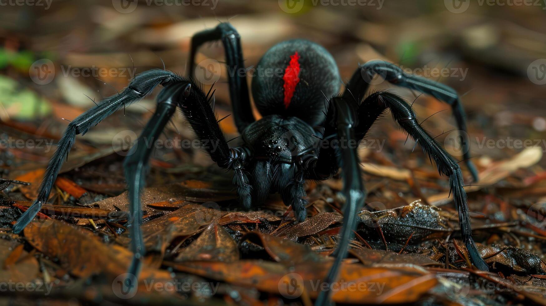 Close-up of a black spider with a red mark, resting on a bed of leaves in a forest setting photo