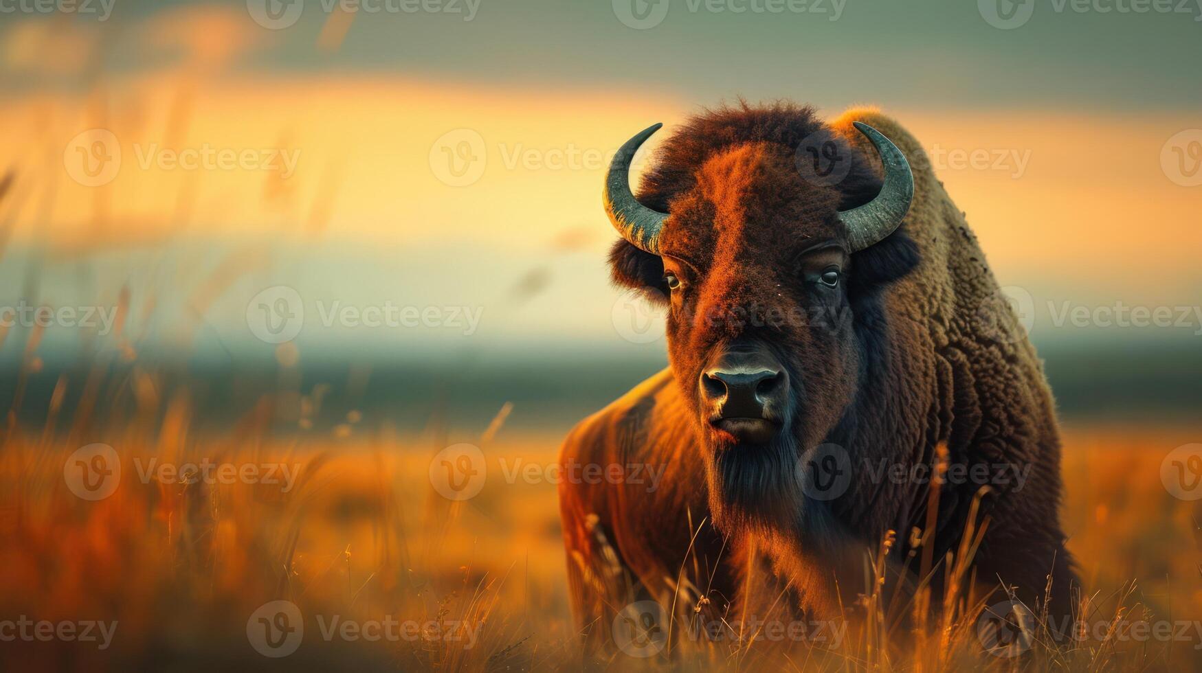 Majestic bison grazing in a golden field during sunset, with a serene landscape in the background photo