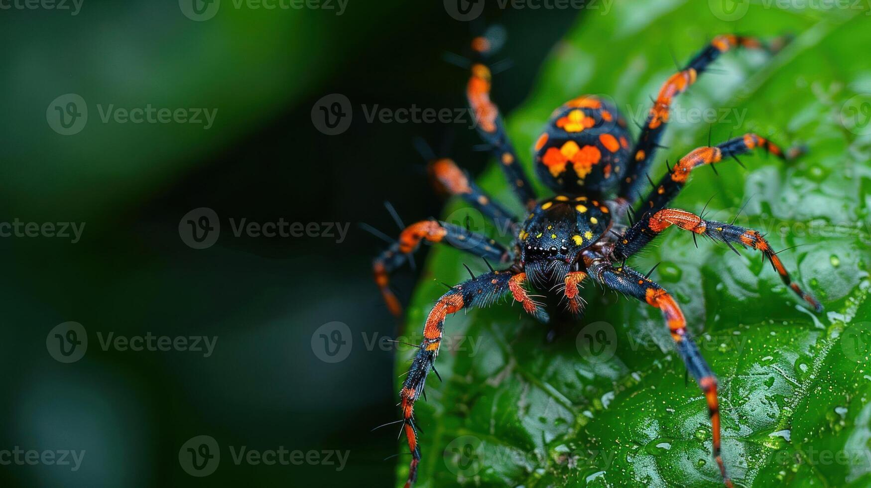 Vibrant spider perched on a lush green leaf, showcasing nature's intricate details in a rainforest setting photo