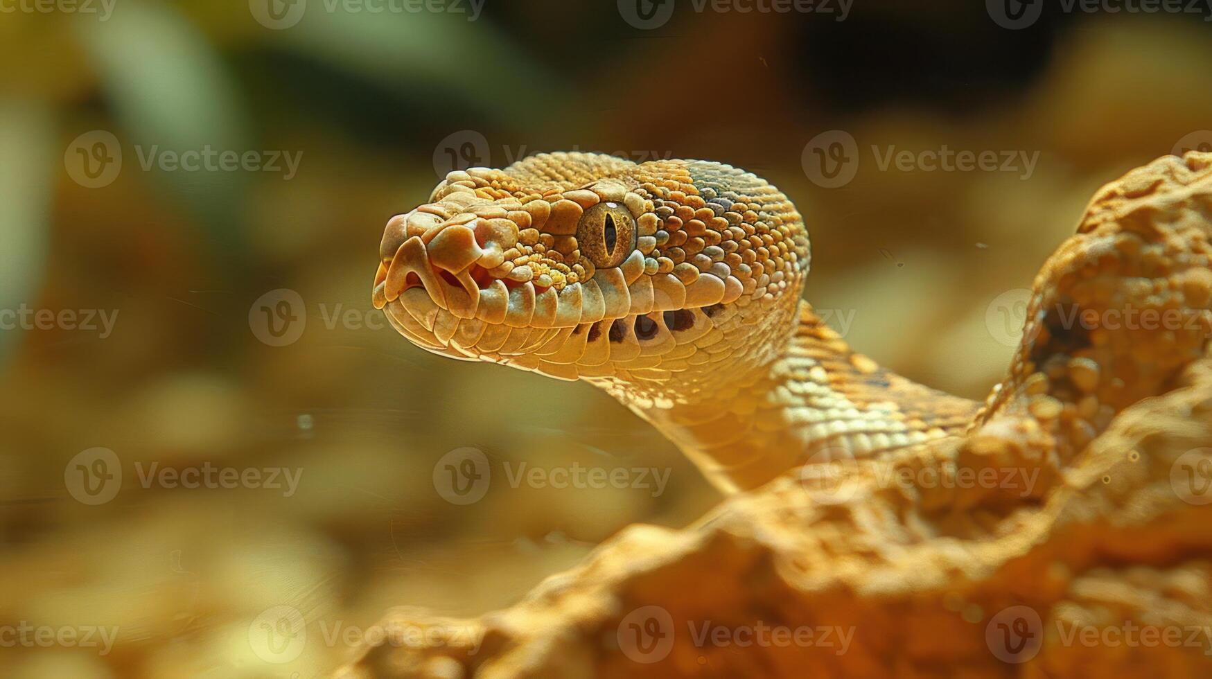 Close-up view of a vibrant snake resting on a rock in a natural habitat, with blurred foliage in background photo