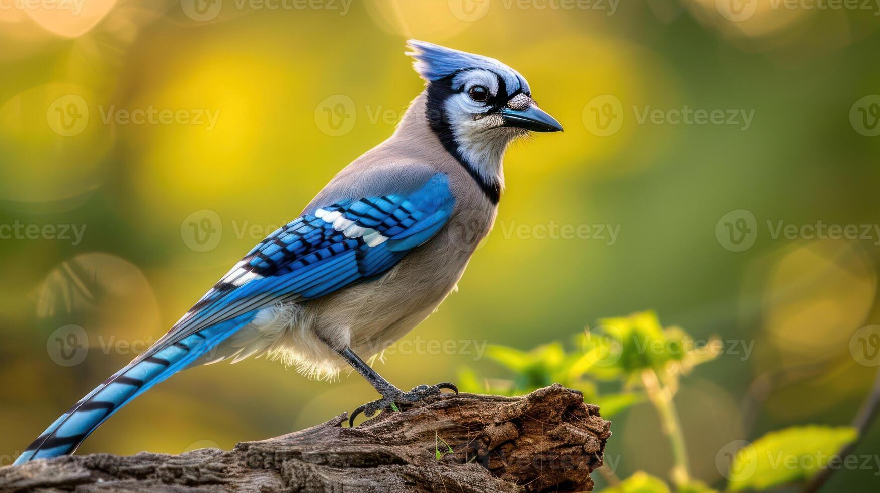 A vibrant blue jay perched on a log, surrounded by soft green foliage in a serene setting photo