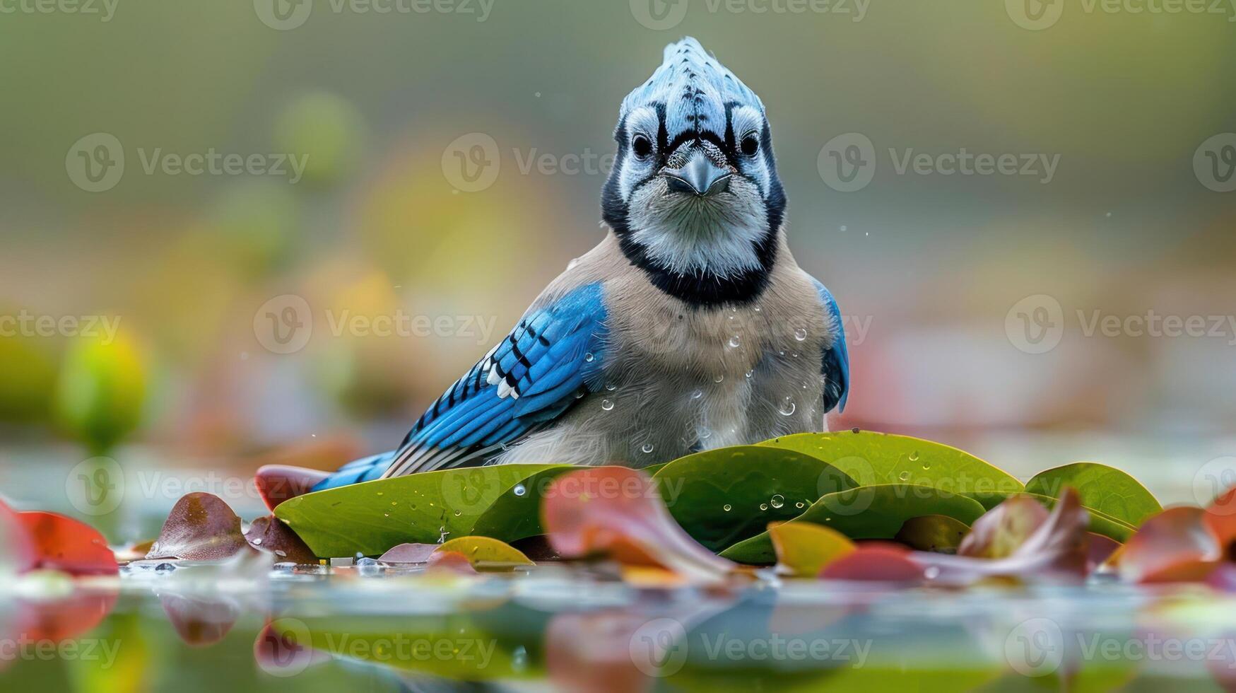 A vibrant blue jay perched on lily pads in a serene pond, surrounded by colorful foliage photo