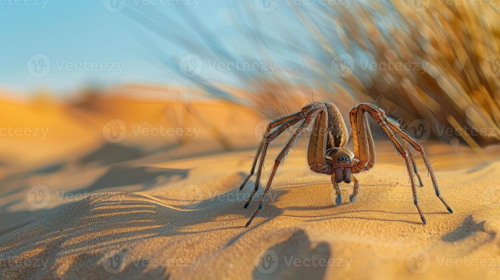 Close-up of a spider on sandy terrain with desert landscape and soft sunlight in background photo