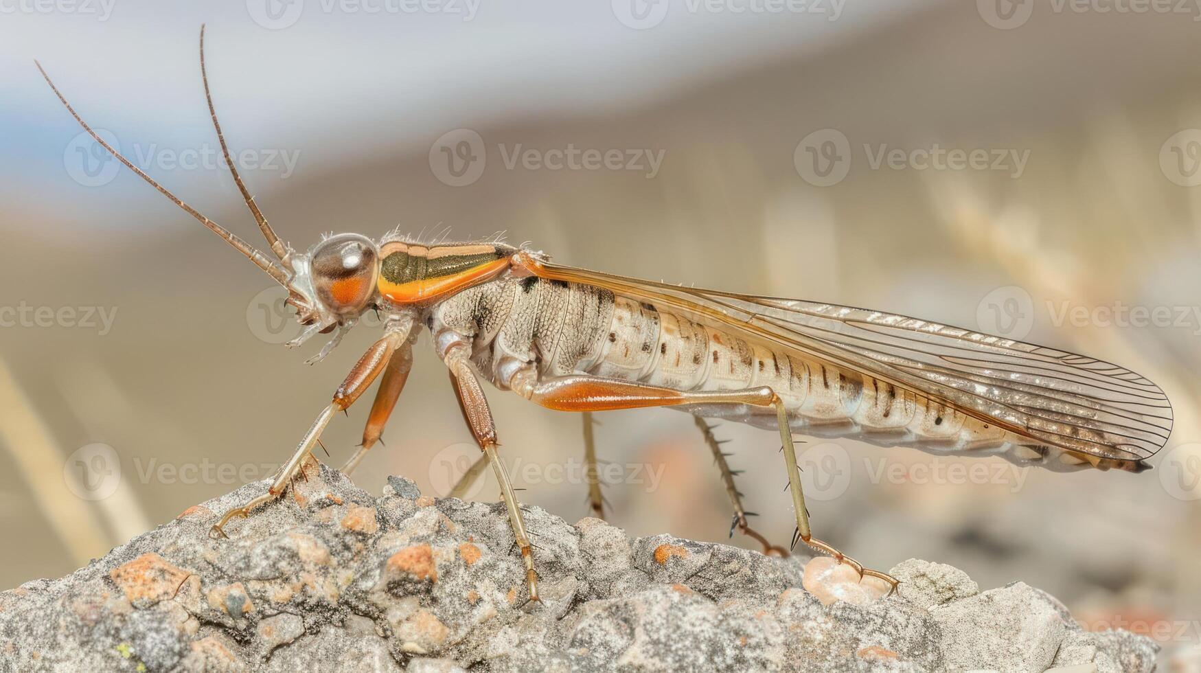 Close-up of a vibrant grasshopper perched on rocky terrain under a blurred background photo