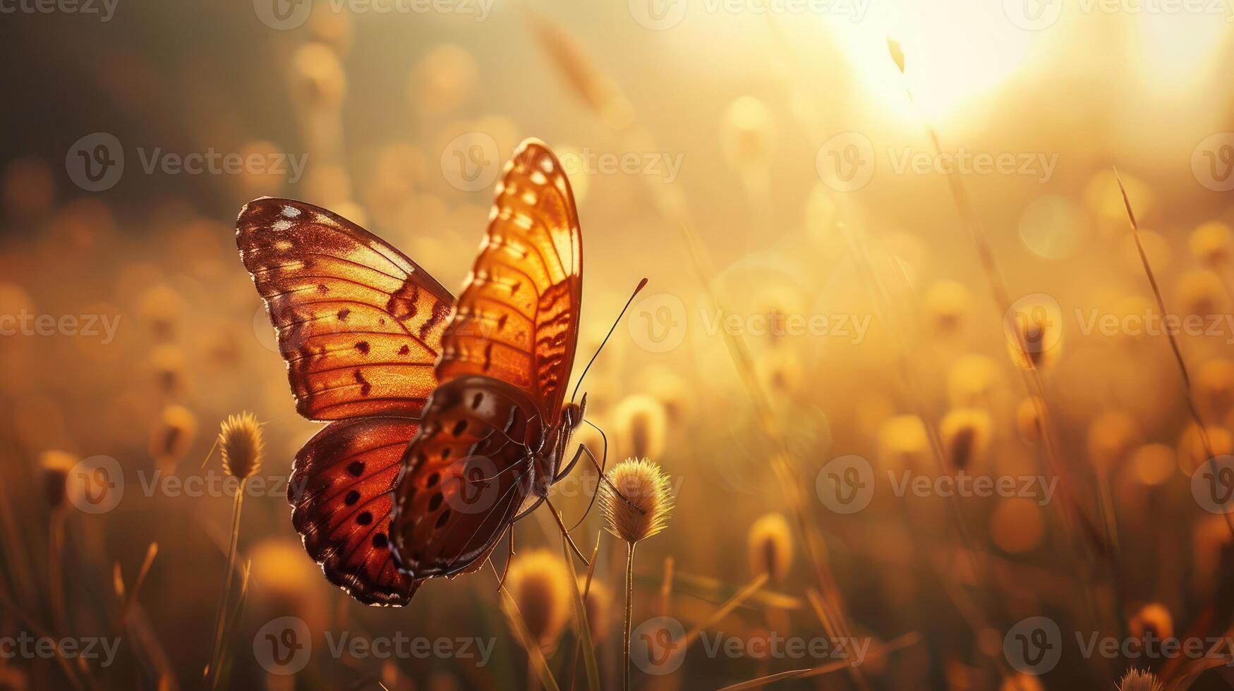 A vibrant butterfly resting on golden flowers during a serene sunset in a tranquil meadow photo
