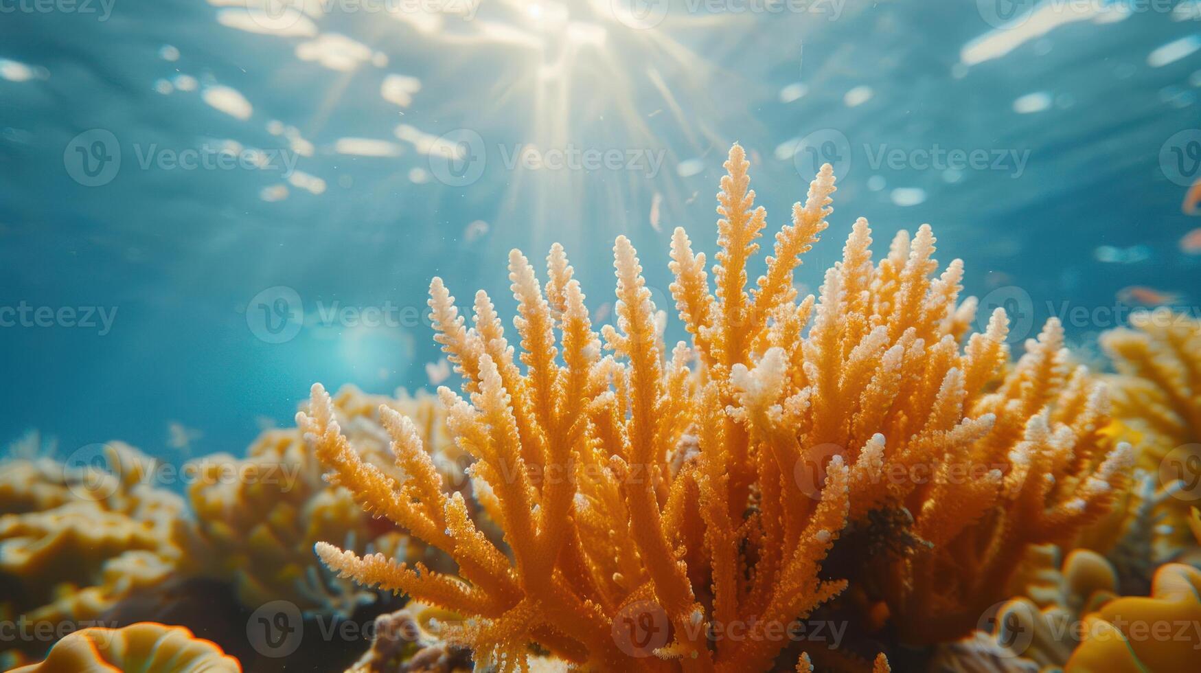 Vibrant orange coral thriving under sunlight in a clear ocean, showcasing underwater life photo