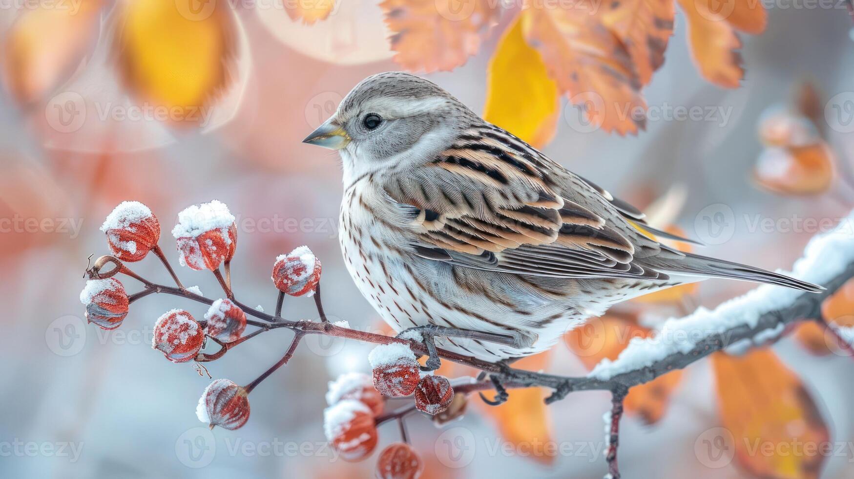 A charming bird perched on a snowy branch amidst vibrant autumn leaves and berries photo
