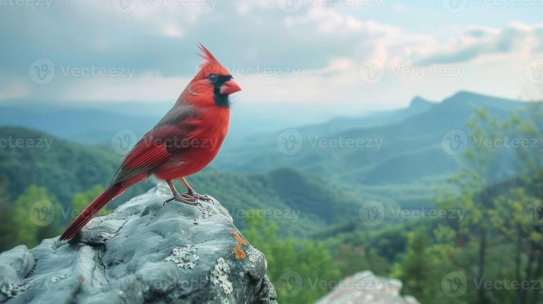 Vibrant red cardinal perched on a rocky outcrop, overlooking a lush mountainous landscape under a cloudy sky photo