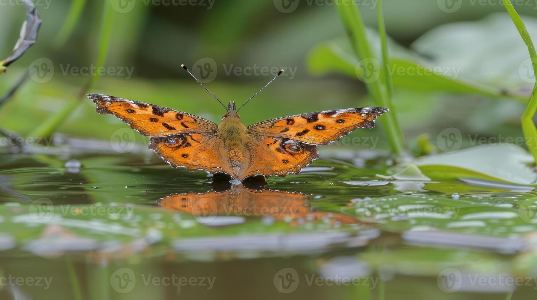 Vibrant butterfly perched on water's edge, surrounded by lush greenery and reflections photo