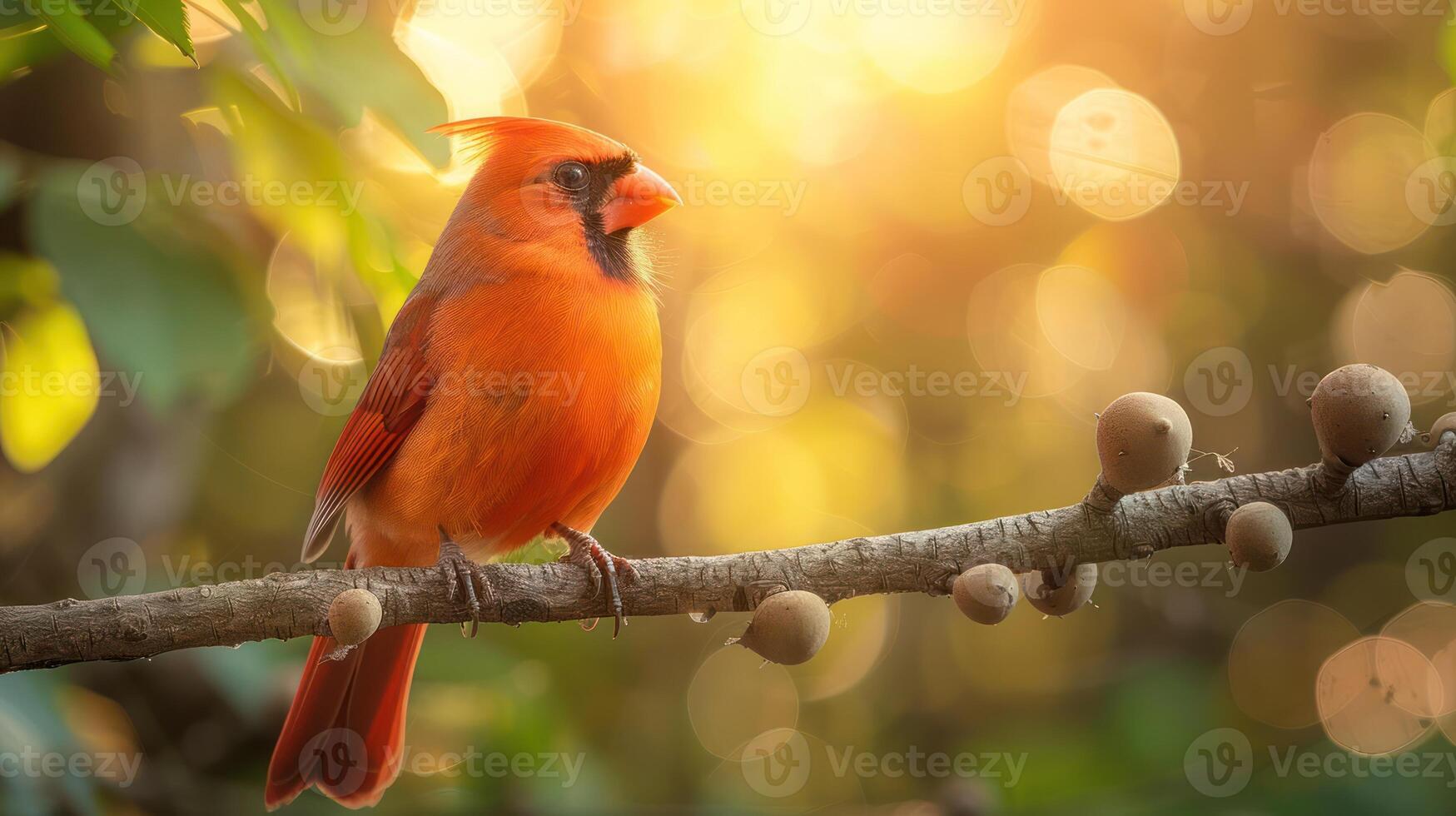 Vibrant cardinal perched on a branch amidst a softly blurred, sunlit forest background photo
