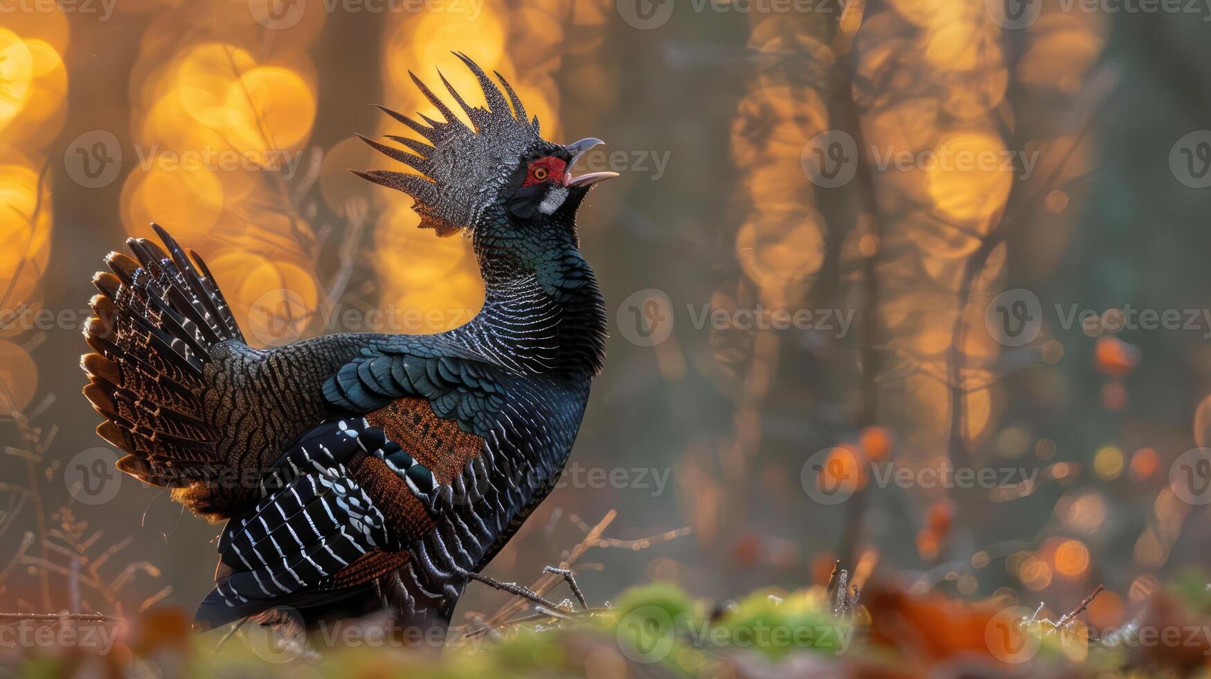 Majestic bird displaying its plumage in a vibrant forest during sunset, surrounded by bokeh lights photo