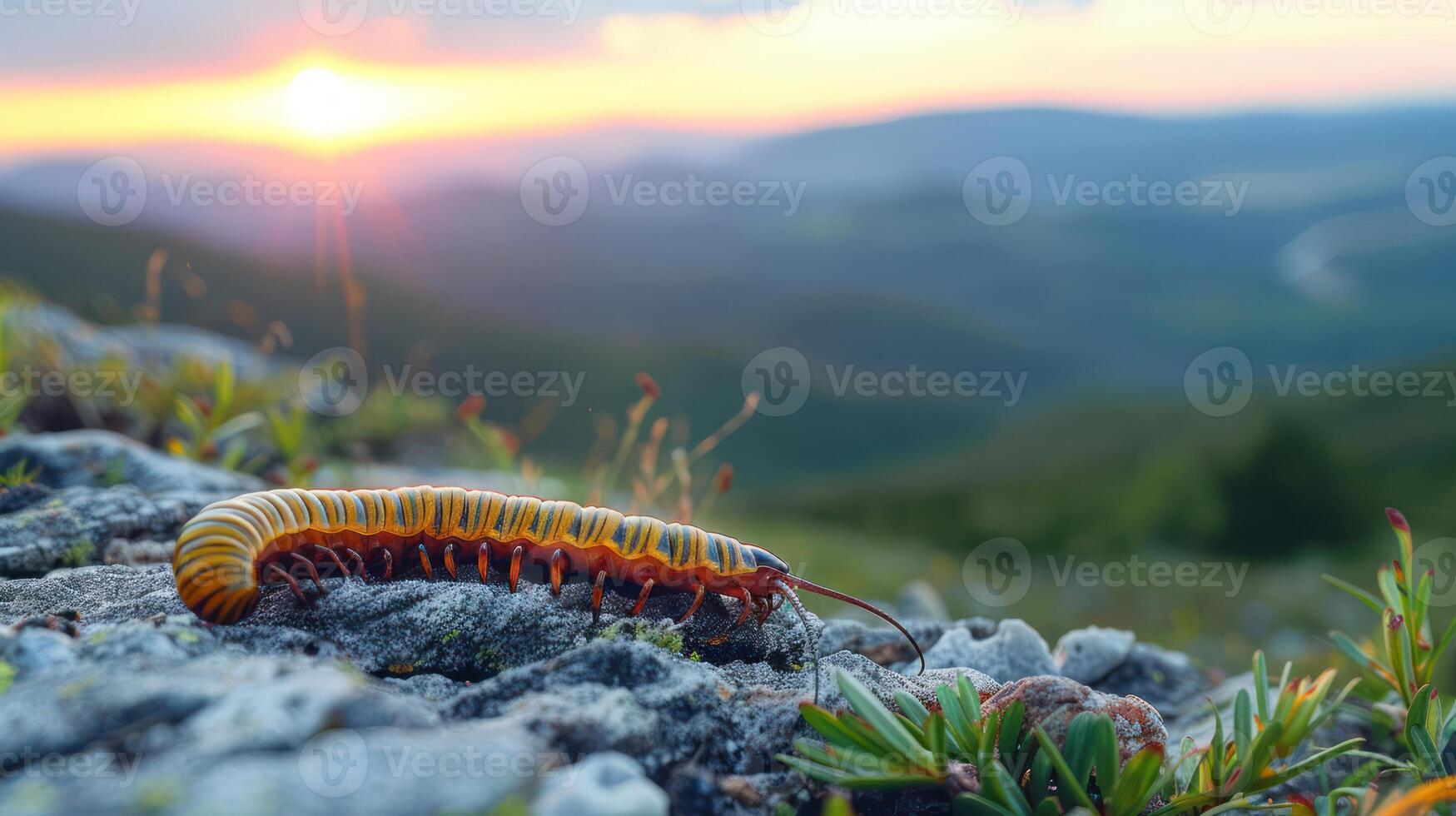 Colorful centipede on rocky terrain at sunset, with rolling hills and vibrant sky in background photo