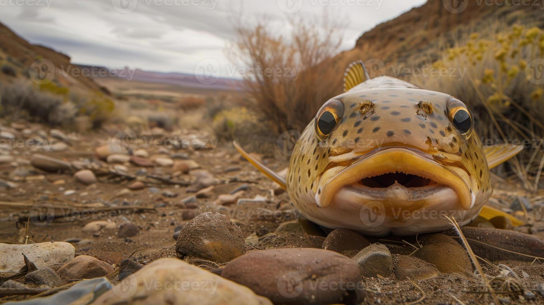 Close-up of a trout resting on a rocky riverbed in a desert landscape under cloudy skies photo