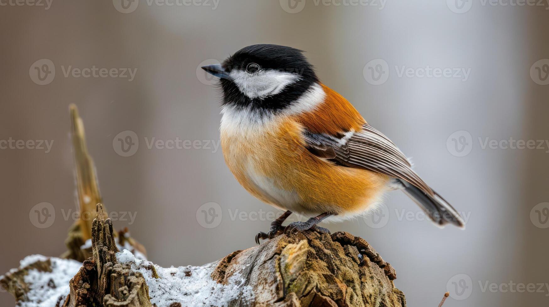 A vibrant bird perched on a snowy log amidst a blurred forest background in winter photo