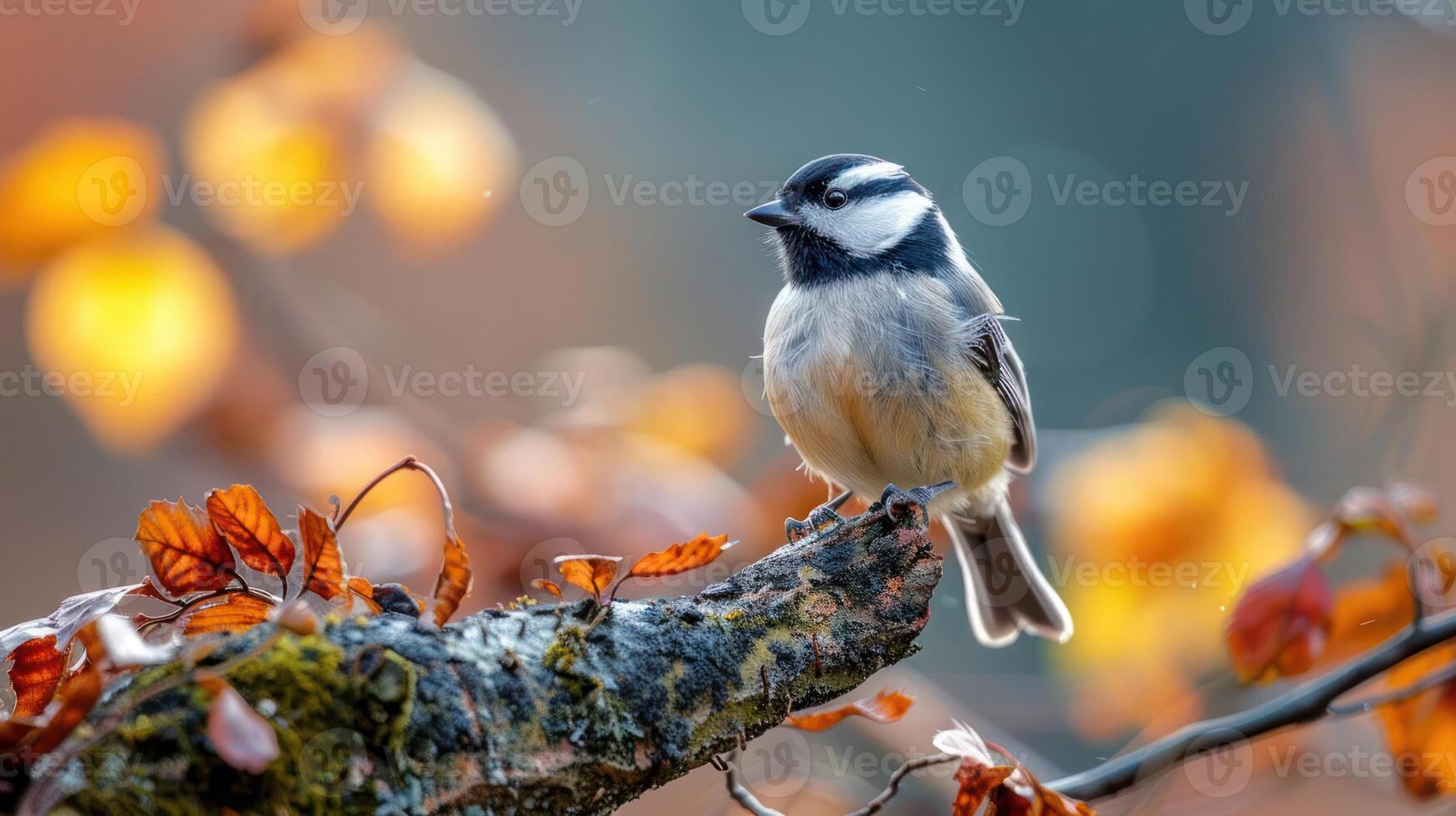 A small bird perched on a mossy branch amidst vibrant autumn leaves, softly illuminated by sunlight photo