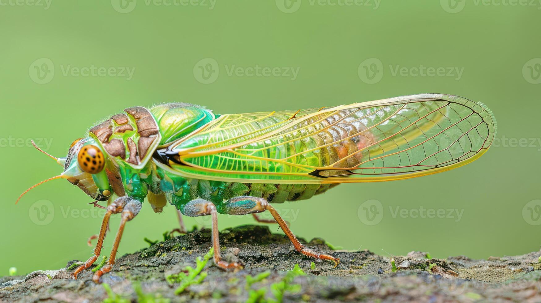Close-up of a vibrant cicada perched on a mossy branch in a lush green environment photo