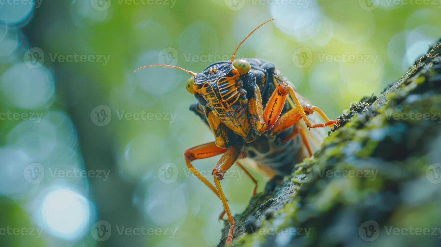 Close-up of a vibrant cicada perched on a textured tree bark in a lush green forest setting photo