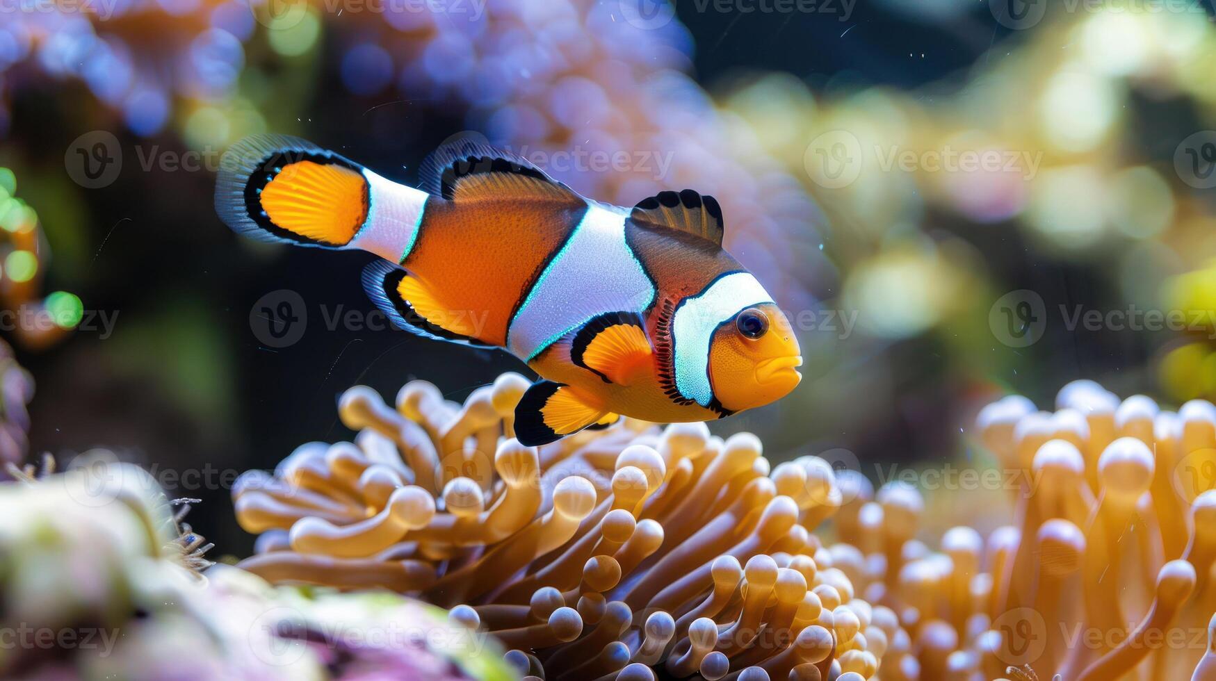 Vibrant clownfish swimming gracefully among colorful coral reefs in a lively underwater scene photo