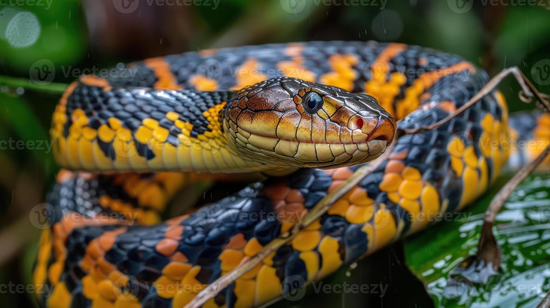 Close-up of a vibrant snake coiled on lush green foliage, showcasing its striking colors and patterns photo