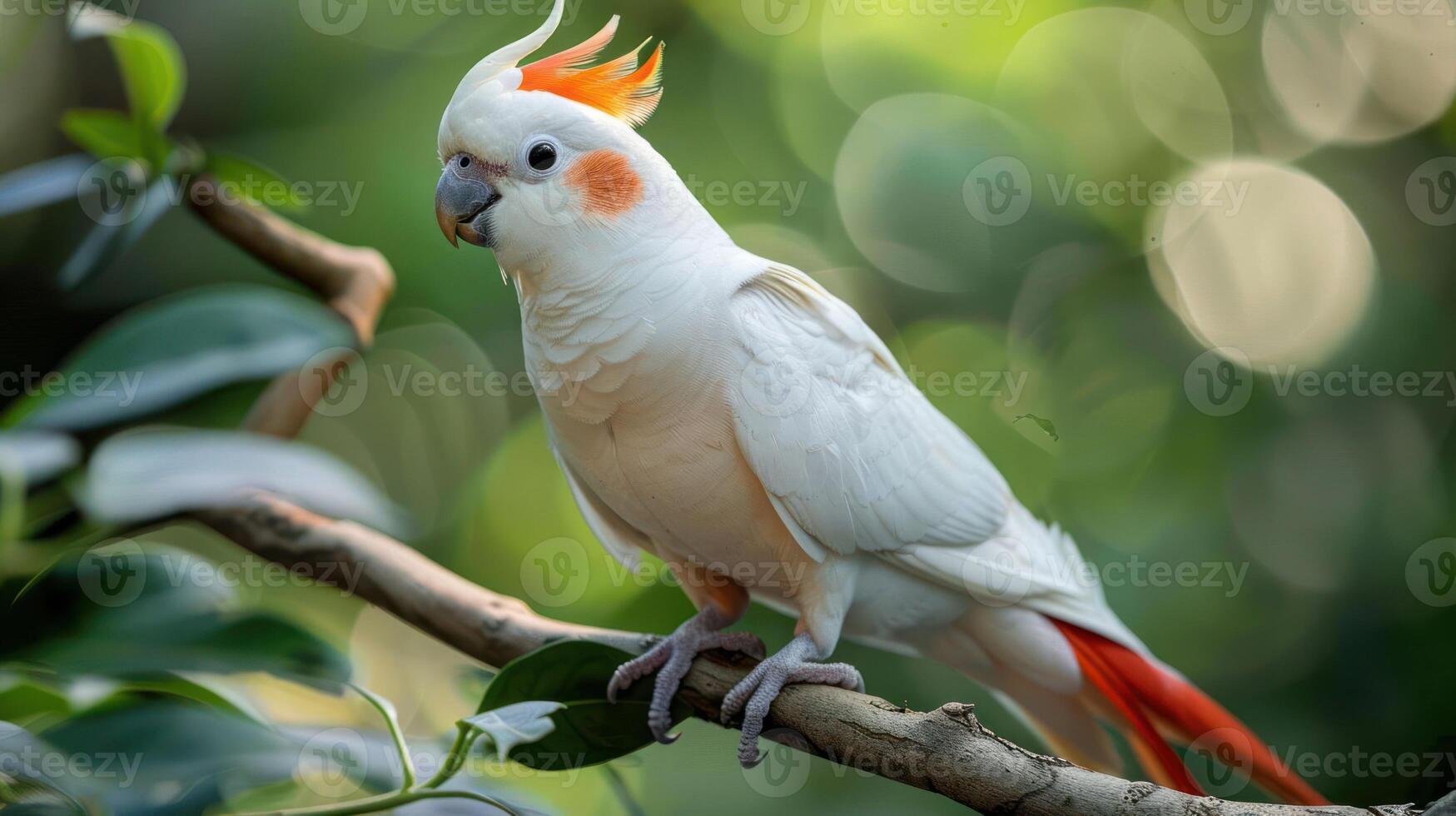 White cockatoo perched on a branch amidst a blurred green background in a vibrant natural setting photo